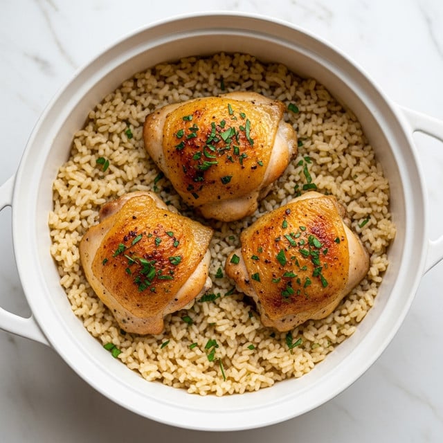 The image shows a dish with three golden-brown baked chicken thighs placed over a single layer of cooked light beige rice inside a white round pot. The chicken has a slightly crispy skin with specks of green herbs scattered on top, giving a fresh look. The rice underneath appears fluffy and evenly spread, soaking up some juices from the chicken. The pot rests on a white marbled surface. photo taken with an iphone --ar 4:5 --v 7