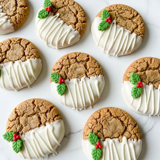 The image shows a close-up of round cookies with a cracked golden-brown surface. Each cookie is half dipped in white frosting that creates a smooth, shiny layer covering one side, with a small green and red decoration made to look like holly placed near the frosting's edge. The cookies are arranged on a white plate over a white marbled surface, with the texture of the crust clear and slightly crumbly. Photo taken with an iphone --ar 4:5 --v 7