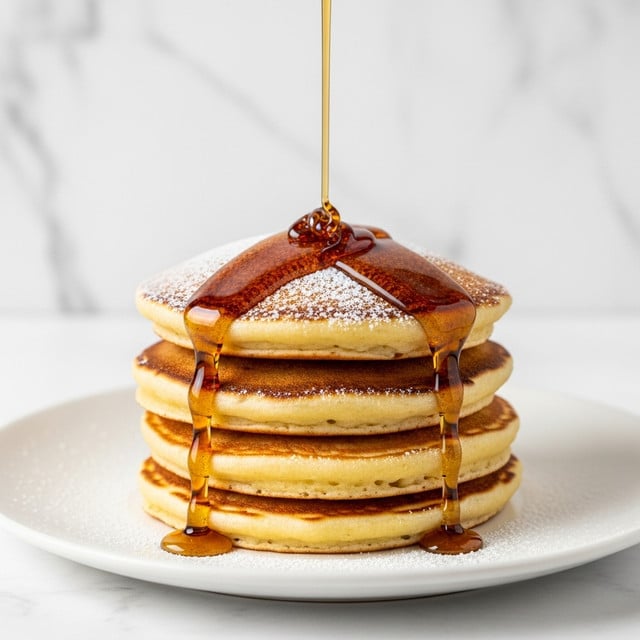 A stack of four golden brown pancakes is placed on a white plate, each pancake fluffy and thick with a slightly crisp edge. The pancakes are dusted lightly with powdered sugar, and thick, amber-colored syrup is being poured over the top, flowing down the sides in glossy streams. The background is a white marbled texture that adds a clean yet natural feel to the image. photo taken with an iphone --ar 4:5 --v 7