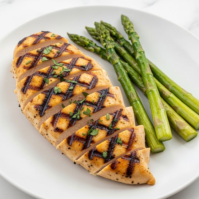 The image shows a grilled chicken breast sliced into several even pieces, with clear dark grill marks on the golden-brown surface. The chicken is garnished with small green herb pieces scattered on top. To the side, there are a few green asparagus stalks, lightly cooked with a shiny texture. All of this is placed on a white plate resting on a white marbled surface. Photo taken with an iphone --ar 4:5 --v 7