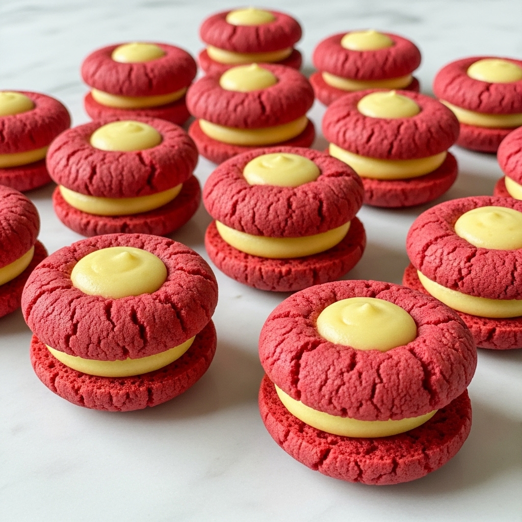A group of small, round cookies is laid out on a white marbled surface. Each cookie has two layers: the outer layer is deep red, slightly cracked with a soft, crumbly texture, and the inner layer is a smooth, creamy yellow filling, almost like a small dollop in the center. The cookies are arranged closely together in a casual cluster, showing the contrast between the bright red outer parts and the pale yellow centers clearly. photo taken with an iphone --ar 4:5 --v 7