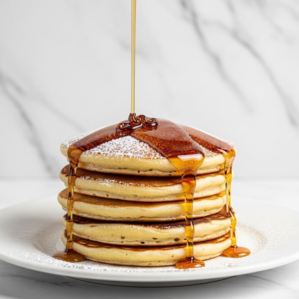 A stack of four thick, golden-brown pancakes sits on a white plate, each pancake fluffy with slightly crispy edges. The top pancake is dusted lightly with powdered sugar, while warm, amber syrup is being poured from above, running down the sides in glossy streams. The surface underneath the plate is a white marbled texture, adding a clean, bright background to the warm tones of the pancakes and syrup. photo taken with an iphone --ar 4:5 --v 7