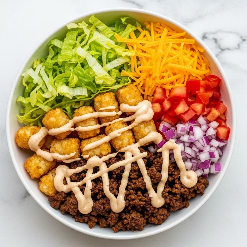 A white bowl filled with five distinct layers is shown on a white marbled surface. Starting from the left, there is a portion of golden brown tater tots drizzled lightly with a creamy sauce, followed by a layer of fresh, light green shredded lettuce. Next to the lettuce is a vibrant orange layer of shredded cheddar cheese, and to the right of the cheese is a small amount of diced red tomatoes and chopped red onions. The final layer on the bottom right consists of finely crumbled cooked ground beef also topped with the same creamy drizzled sauce as the tater tots. Photo taken with an iphone --ar 4:5 --v 7