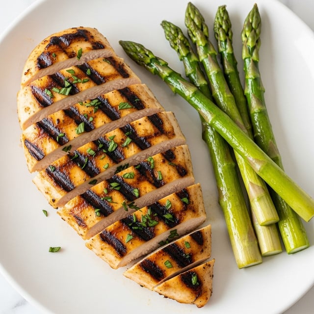 The image shows a grilled chicken breast sliced into even thick pieces, each piece having visible dark grill marks and a shiny glazed surface with herbs sprinkled on top. The chicken sits in the center of a white plate with a few green asparagus stalks arranged neatly beside it. The background is a white marbled texture, making the colors of the food stand out clearly. A woman's hand holds the edge of the plate gently. Photo taken with an iphone --ar 4:5 --v 7