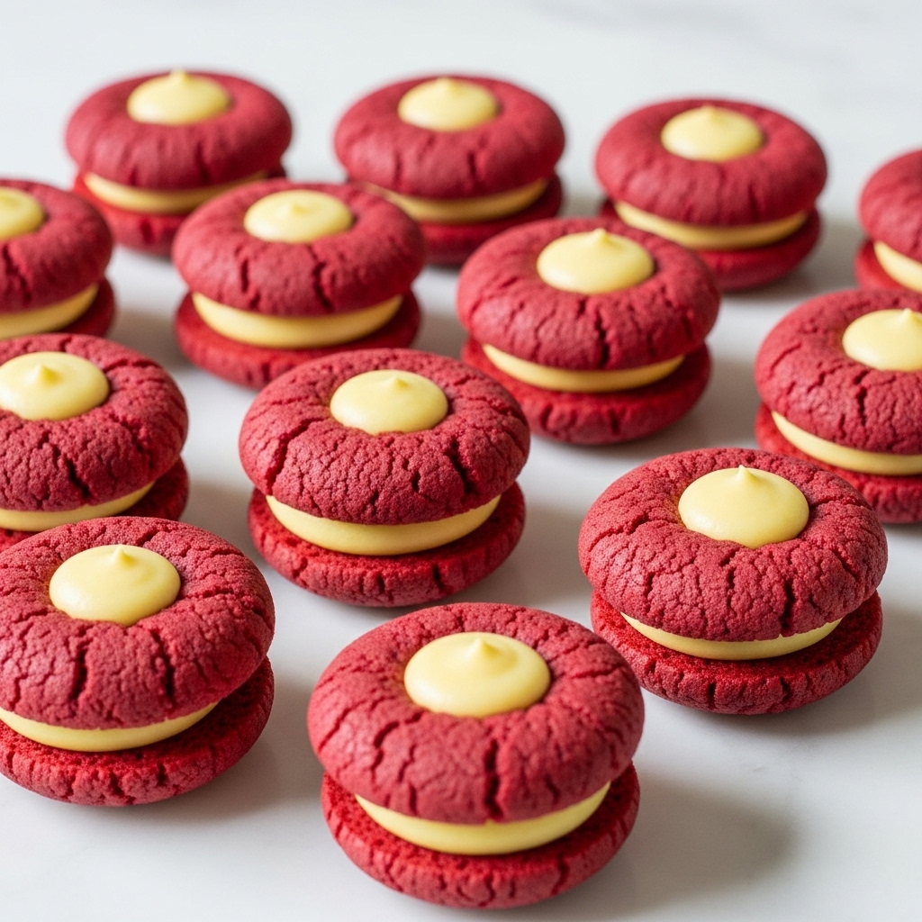 A group of small round cookies spread on a white marbled surface. Each cookie has two layers: the outer layer is deep red with a soft, slightly cracked texture, and the center is filled with a smooth, creamy pale yellow circle. The cookies are slightly dusted with sugar, giving a light sparkle. They are casually arranged with some stacked on each other, showing the contrast between the rich red and creamy yellow filling. photo taken with an iphone --ar 4:5 --v 7