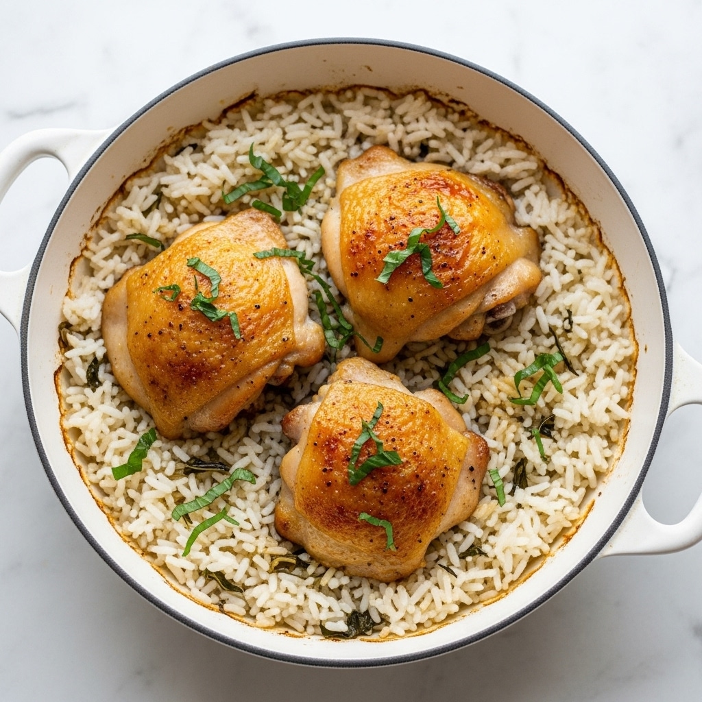 The dish shows three pieces of golden-brown baked chicken thighs on top of a bed of fluffy white rice. The chicken thighs have crispy skin with small green herb leaves sprinkled evenly over them, giving a fresh look. The rice beneath appears soft and slightly glossy with some cooked herbs peeking through. The food is served in a white round cooking pot, which has a slightly worn edge, set on a white marbled surface. Photo taken with an iphone --ar 4:5 --v 7