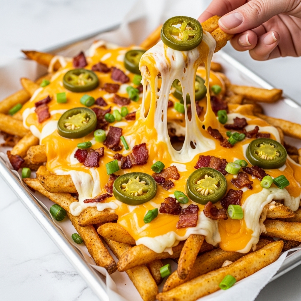 A close-up of a tray filled with crispy golden fries as the base layer, covered with melted bright yellow and white cheese layers that stretch as a piece is lifted by a woman's hand. On top of the cheese, there are small dark brown crispy bacon bits and finely chopped green herbs, with a few slices of green jalapeño peppers scattered across. The tray is white and sits on a surface with a white marbled texture. The fries look crunchy and the cheese looks gooey and hot. Photo taken with an iphone --ar 4:5 --v 7