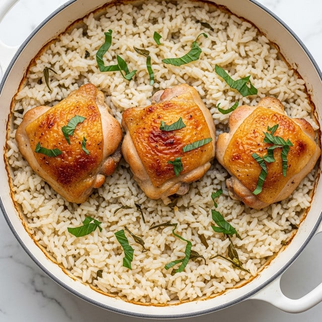The image shows a white round pot filled with three pieces of golden roasted chicken thighs placed on top of a bed of cooked rice. The chicken thighs are slightly crispy with browned spots and sprinkled with chopped green herbs. The rice underneath is soft and fluffy, with a slightly oily texture, visible in the gaps between the chicken pieces. The pot sits on a white marbled surface, highlighting the warm colors of the chicken and rice. photo taken with an iphone --ar 4:5 --v 7