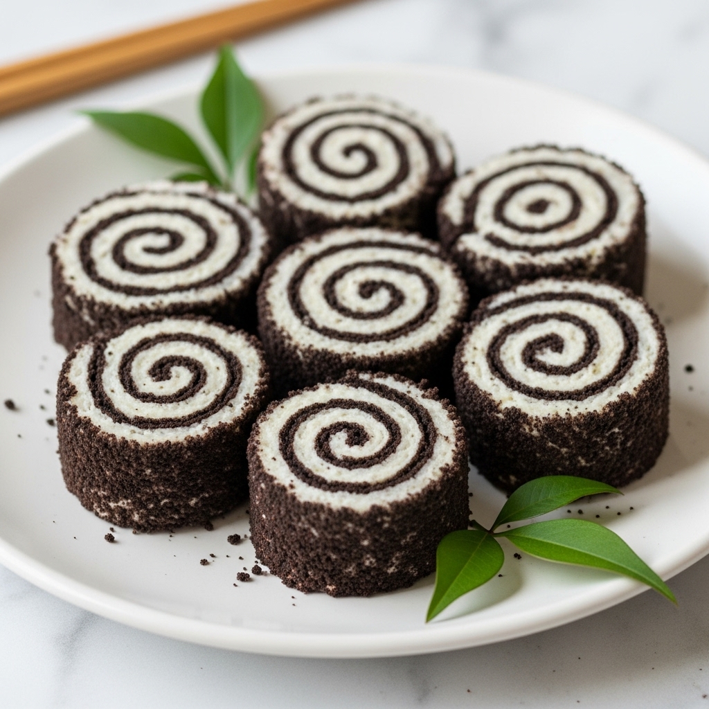 Seven small round swirled rolls are neatly placed on a white plate with a few green leaves for decoration. Each roll has two layers: an outer dark, crumbly layer with a rough texture, and an inner smooth, creamy white layer that forms a spiral pattern from the center to the edge. Some crumbs are scattered around the rolls, adding a natural, slightly messy look. The plate rests on a white marbled surface, and a pair of wooden chopsticks is partially visible at the top left corner. photo taken with an iphone --ar 4:5 --v 7