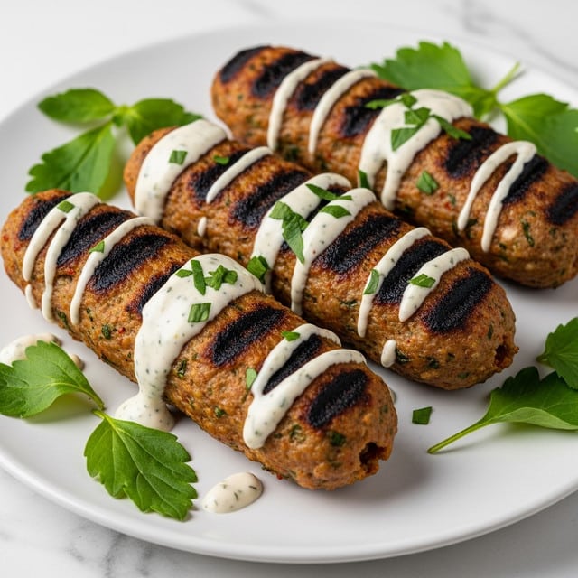 Three grilled kebabs with light golden-brown char marks are placed side by side on a white plate. Each kebab is topped with a creamy white sauce that is spread unevenly, letting some of the browned surface show. Fresh green herbs are sprinkled on top, adding a touch of color and freshness. The plate sits on a white marbled surface that softly reflects light, making the dish look fresh and inviting. photo taken with an iphone --ar 4:5 --v 7