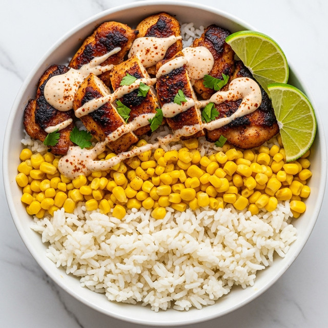 The image shows a bowl with three main layers: a bottom layer of white rice with a soft and slightly sticky texture, a middle layer of bright yellow corn kernels, and a top layer of grilled chicken cubes that are golden brown with some charred edges. The chicken is drizzled with a white creamy sauce and sprinkled with chopped green herbs. Two lime wedges sit on the side inside the bowl. The bowl is white and rests on a white marbled surface. photo taken with an iphone --ar 4:5 --v 7