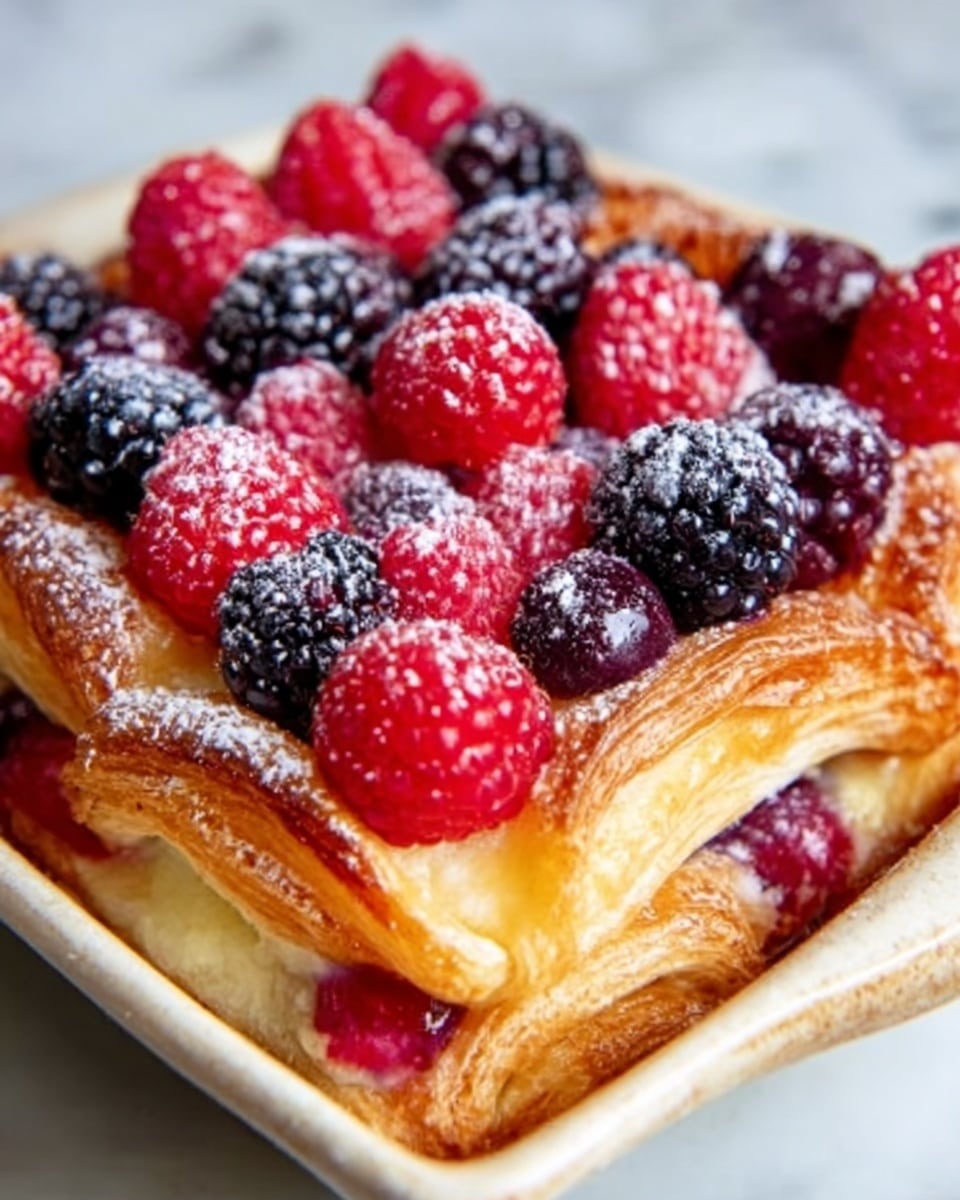 A close-up of a slice of light golden brown scone with a soft, crumbly texture inside, showing three dark red berry spots inside the crumb. The scone is topped with a smooth, slightly shiny white glaze that drips gently over the top edges. It sits on a smooth white plate against a white marbled textured background, with blurred kitchen items in the warm background. Photo taken with an iphone --ar 4:5 --v 7