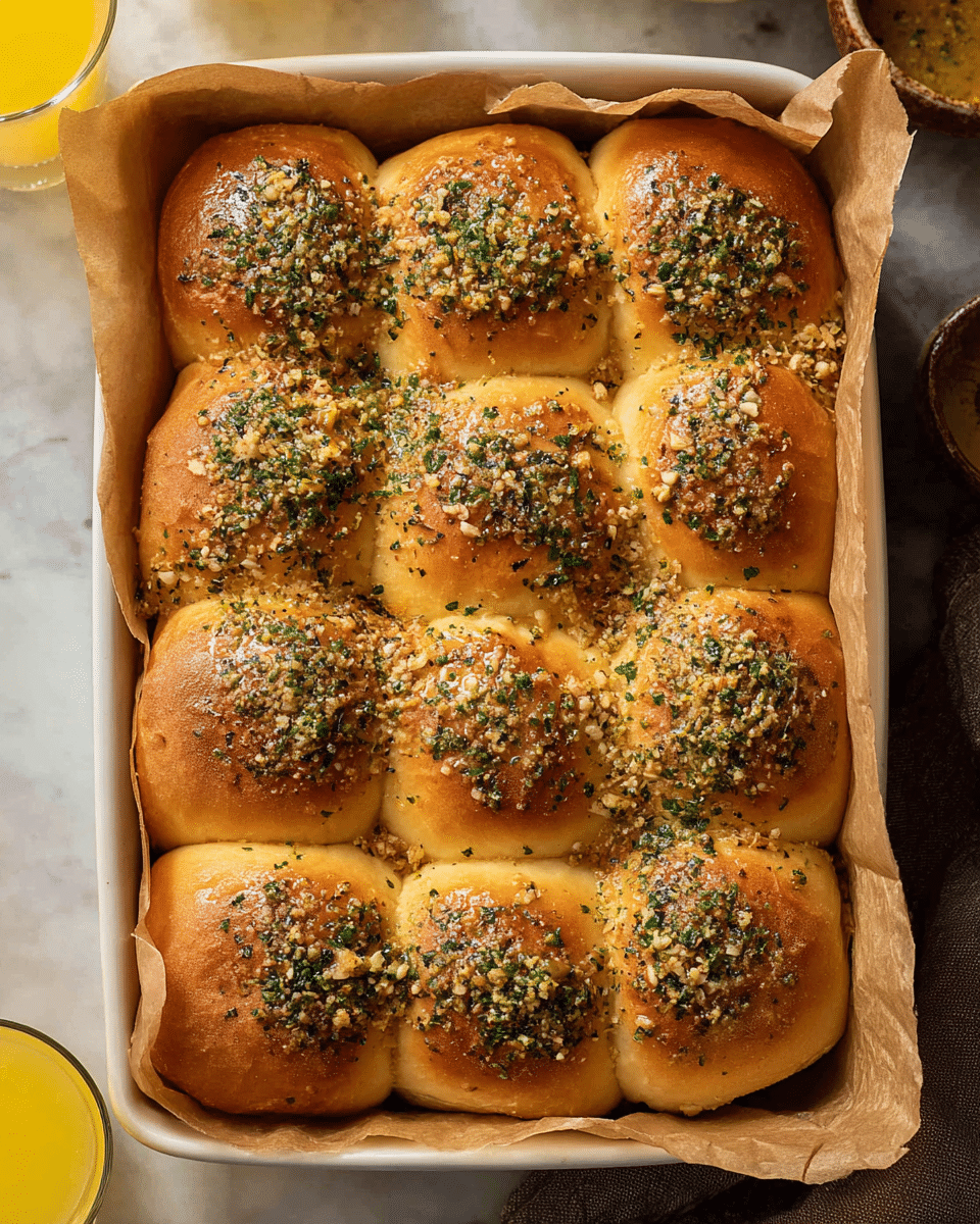 A white rectangular baking pan holds nine golden-brown dinner rolls tightly packed in a 3 by 3 grid, each roll topped with a mix of finely chopped herbs and garlic that adds a textured green and light tan sprinkle. The rolls appear soft with slightly shiny, browned tops, and the herb-garlic topping fills the spaces between the rolls. The pan is lined with light brown parchment paper, and the scene is set on a white marbled surface with parts of round bowls and glasses with yellow juice partially visible around the pan. Photo taken with an iphone --ar 4:5 --v 7