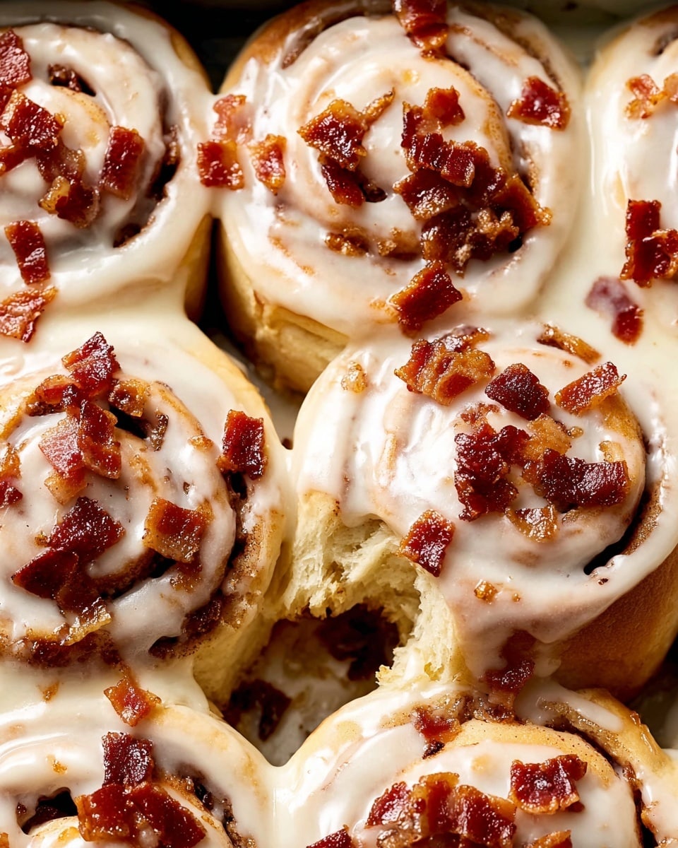 The image shows a close-up view of soft, swirled cinnamon rolls with a thick layer of creamy white icing spread unevenly over the top. Each roll is topped with small, glossy pieces of cooked bacon that add a rich reddish-brown contrast to the smooth icing. The cinnamon layers inside the rolls create a spiral pattern of light beige and warm brown, giving texture and depth to the soft dough. The cinnamon rolls are placed closely together in a baking dish, with one roll slightly pulled out, revealing a fluffy interior and caramelized sugar bits on the surface. The background features a white marbled texture. photo taken with an iphone --ar 4:5 --v 7