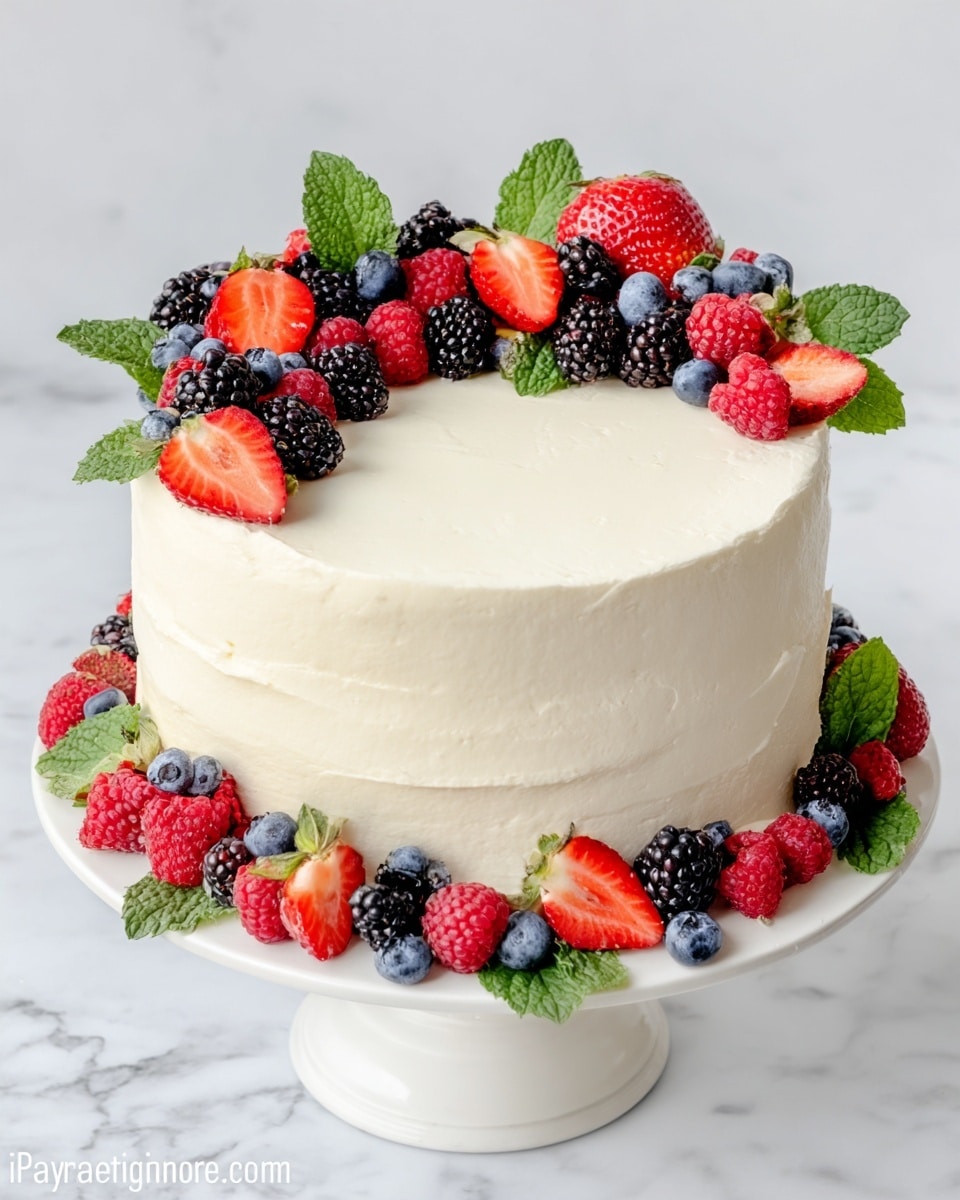 A round cake sits on a white cake stand with a smooth, light cream-colored frosting covering all sides and top evenly. The cake is decorated with fresh berries and mint leaves arranged in a loose circle close to the edges on top, including whole strawberries, halved strawberries, blackberries, raspberries, and blueberries. Around the base of the cake, similar fresh berries and mint leaves form a ring that matches the top decoration. The background is a white marbled texture. Photo taken with an iphone --ar 4:5 --v 7
