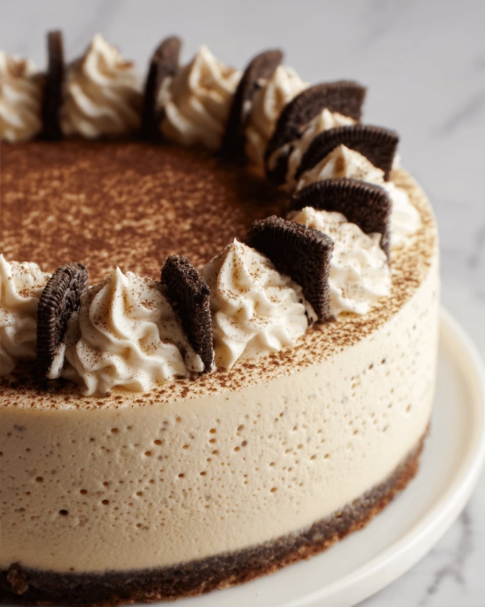 A round cake with two layers covered in smooth beige cream, topped with a line of white creamy swirls decorated with dark chocolate triangular cookie pieces inserted vertically around the edge. The top surface is dusted with dark cocoa powder, and the cream has a rich, soft texture with tiny air bubbles. The cake sits on a white plate, placed on a white marbled surface. photo taken with an iphone --ar 4:5 --v 7