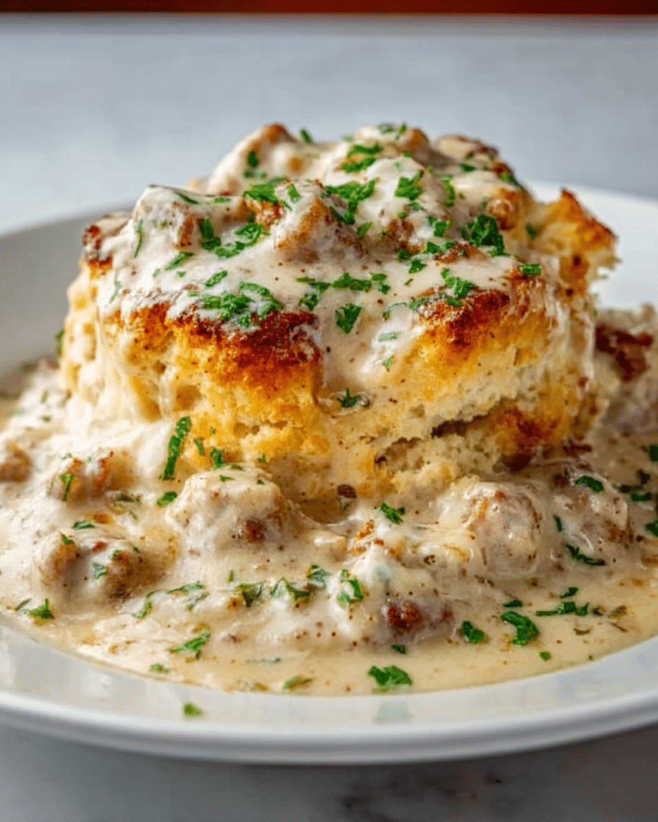 A close-up image of a large biscuit split in two thick layers, covered generously with creamy white sausage gravy that has small browned sausage pieces mixed in. The top of the biscuit is golden brown and slightly crispy. Fresh green chopped herbs are sprinkled over the biscuit and gravy, adding a touch of color. The biscuit sits on a white plate set on a white marbled surface. photo taken with an iphone --ar 4:5 --v 7