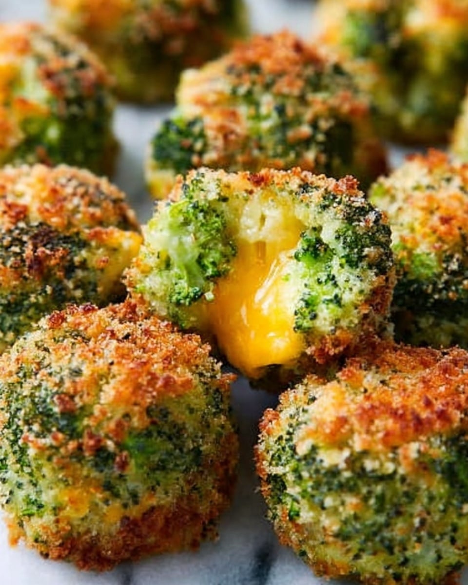 A close-up view of several small, round broccoli and cheese bites arranged closely together on a white marbled surface. Each bite shows a bright green broccoli exterior with a slightly crispy, golden-brown crust on top, sprinkled with some light breadcrumbs. One piece is cut open, revealing a gooey, melted yellow cheese inside contrasting with the textured broccoli outside. The texture of the broccoli looks fresh and firm, and the cheese has a smooth, creamy appearance. Photo taken with an iphone --ar 4:5 --v 7