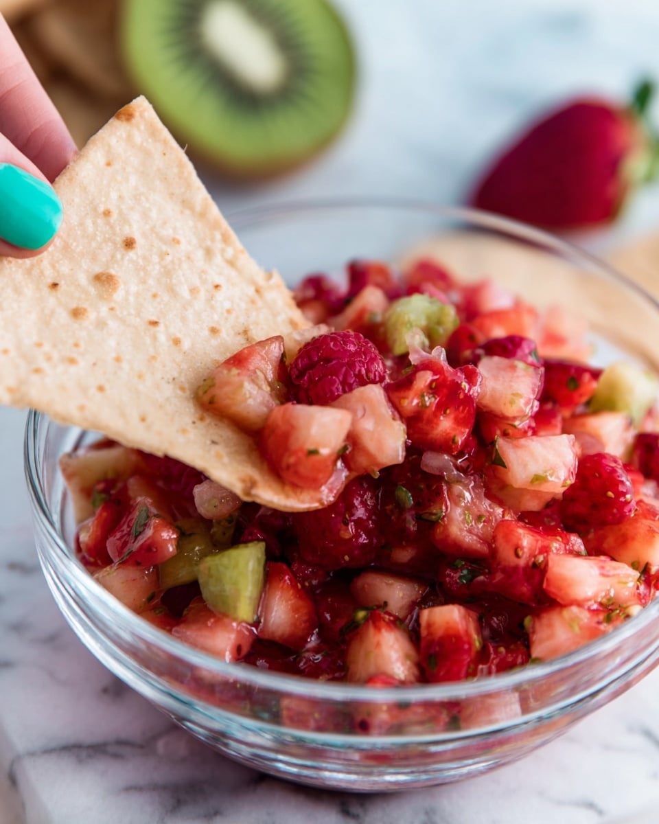 A clear round glass bowl holds a colorful fruit salsa made of small diced pink and red fruits with hints of light green, including strawberries and raspberries, with some tiny black seeds visible. A woman's hand with turquoise-painted nails is dipping a light beige tortilla chip into the salsa, lifting a portion full of juicy fruit chunks. Behind the bowl, there is a blurred sliced green kiwi adding a touch of fresh green color, all set on a white marbled surface. The photo captures a fresh and vibrant scene with natural light, showing textures of juicy fruit pieces and the crisp, grainy chip photo taken with an iphone --ar 4:5 --v 7