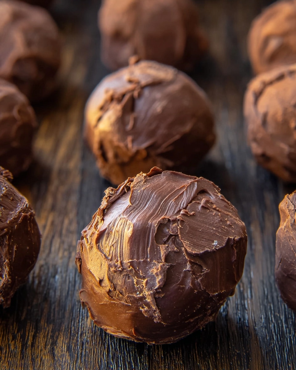 The image shows a close-up view of several irregularly shaped chocolate truffles arranged on a dark wooden surface. Each truffle is roughly round with a rough, textured surface featuring swirls and patches of shiny and matte rich brown chocolate. The truffles have uneven layers of chocolate coating, giving them a homemade and rustic look. The focus is sharp on the truffles in the center, while the others blur softly in the background. photo taken with an iphone --ar 4:5 --v 7