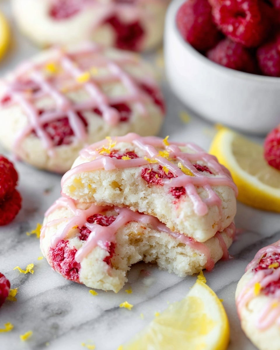 A close-up view of a soft, round cookie with a bite taken out from the bottom edge revealing a light, fluffy inside. The cookie has a white base with swirls of bright red raspberry pieces mixed throughout. It is topped with a light pink drizzle in a criss-cross pattern and small sprinkles of yellow lemon zest scattered on top. Around the main cookie, parts of other similar cookies are visible, all resting on a white marbled surface, along with some loose raspberry pieces and lemon slices. There is a white bowl on the side filled with whole raspberries. photo taken with an iphone --ar 4:5 --v 7