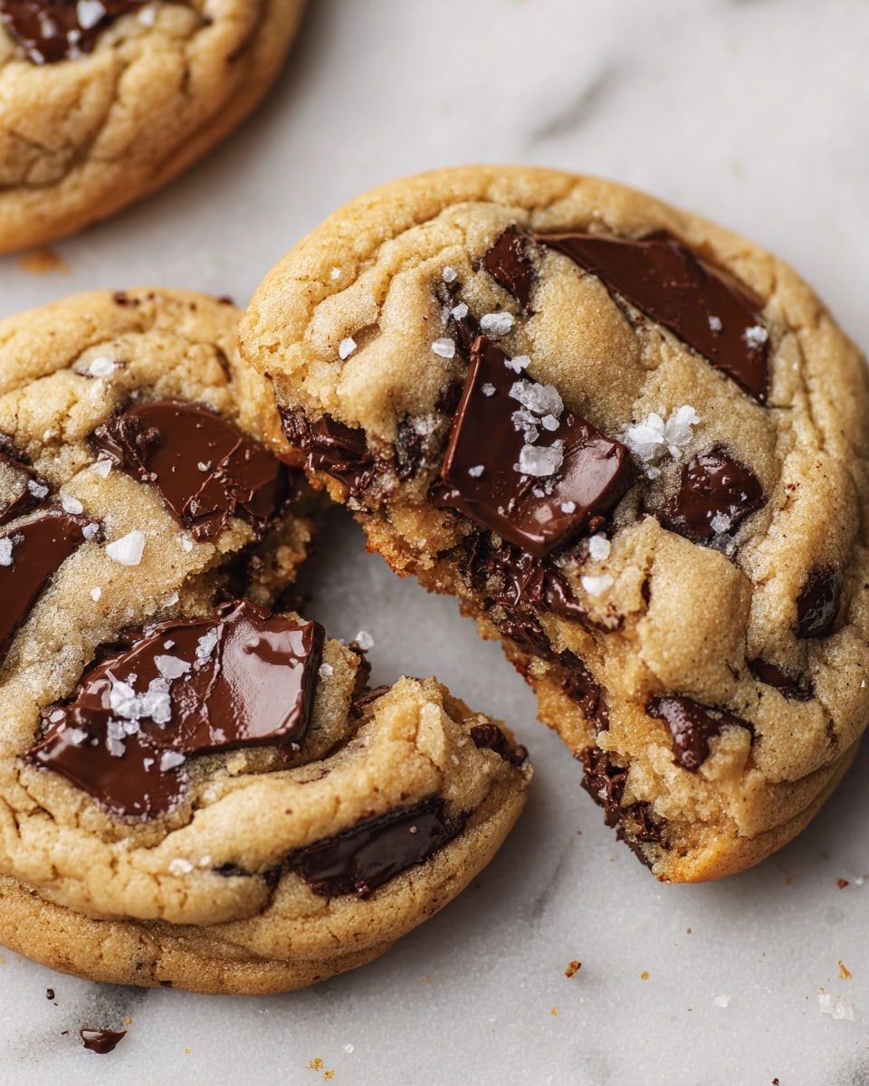 The image shows two round chocolate chip cookies on a white marbled surface. One cookie is whole with several large dark chocolate chunks and chips spread on top, some slightly melted and shiny, with a few flakes of sea salt scattered over. The second cookie is broken in half, revealing a soft and chewy light golden brown interior. The edges of the cookies are slightly crisp, while the centers look soft and rich with chocolate pieces embedded. The overall look is warm and inviting, highlighting the texture and gooey melted chocolate contrast. Photo taken with an iphone --ar 4:5 --v 7