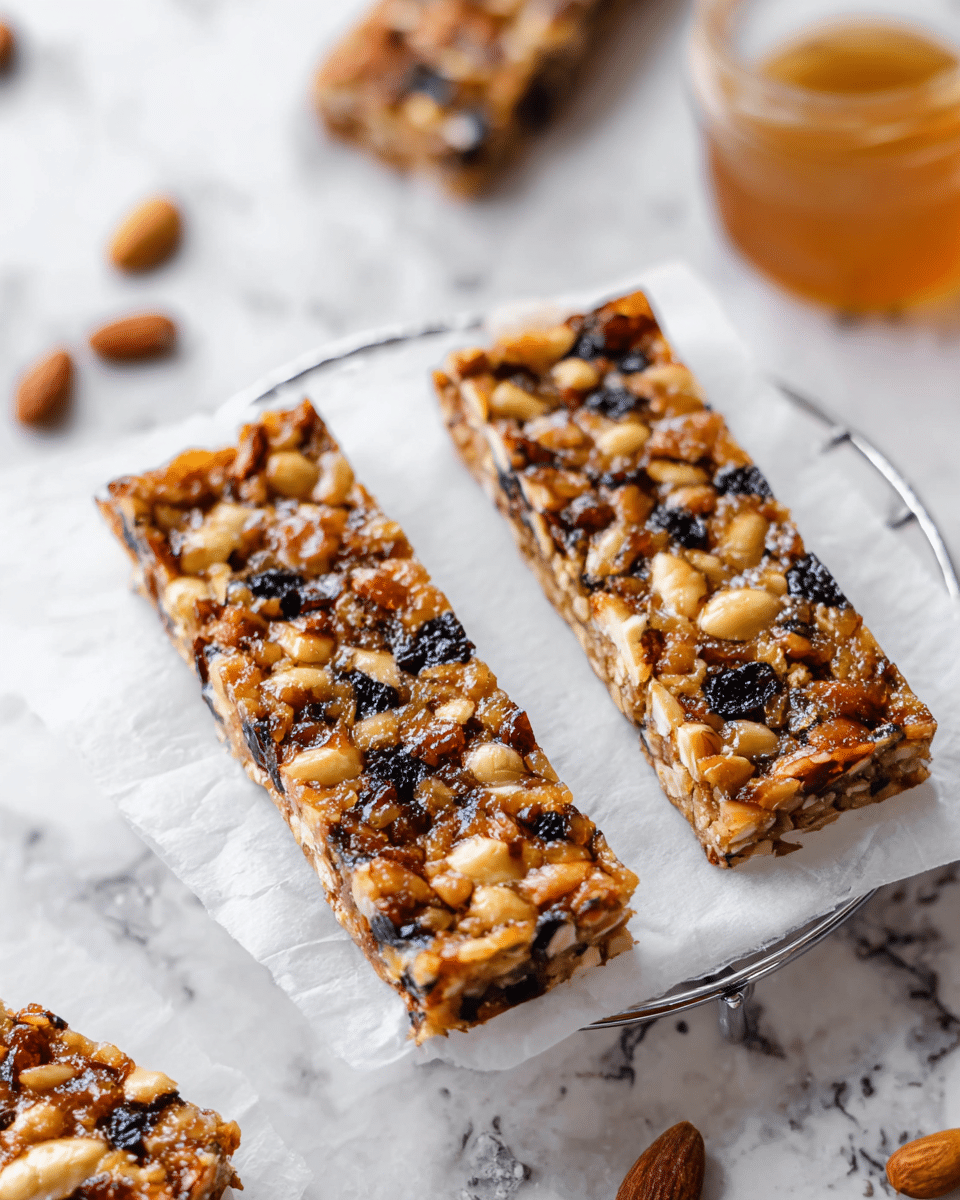 Two rectangular nut and dried fruit bars rest side by side on white parchment paper placed on a silver cooling rack. The bars have a textured top layer showing a mix of light tan nuts, golden brown almonds, dark dried fruit bits, and a sticky, glossy amber coating binding the ingredients together. The background features a white marbled surface with blurred hints of more bars and ingredients scattered around. photo taken with an iphone --ar 4:5 --v 7