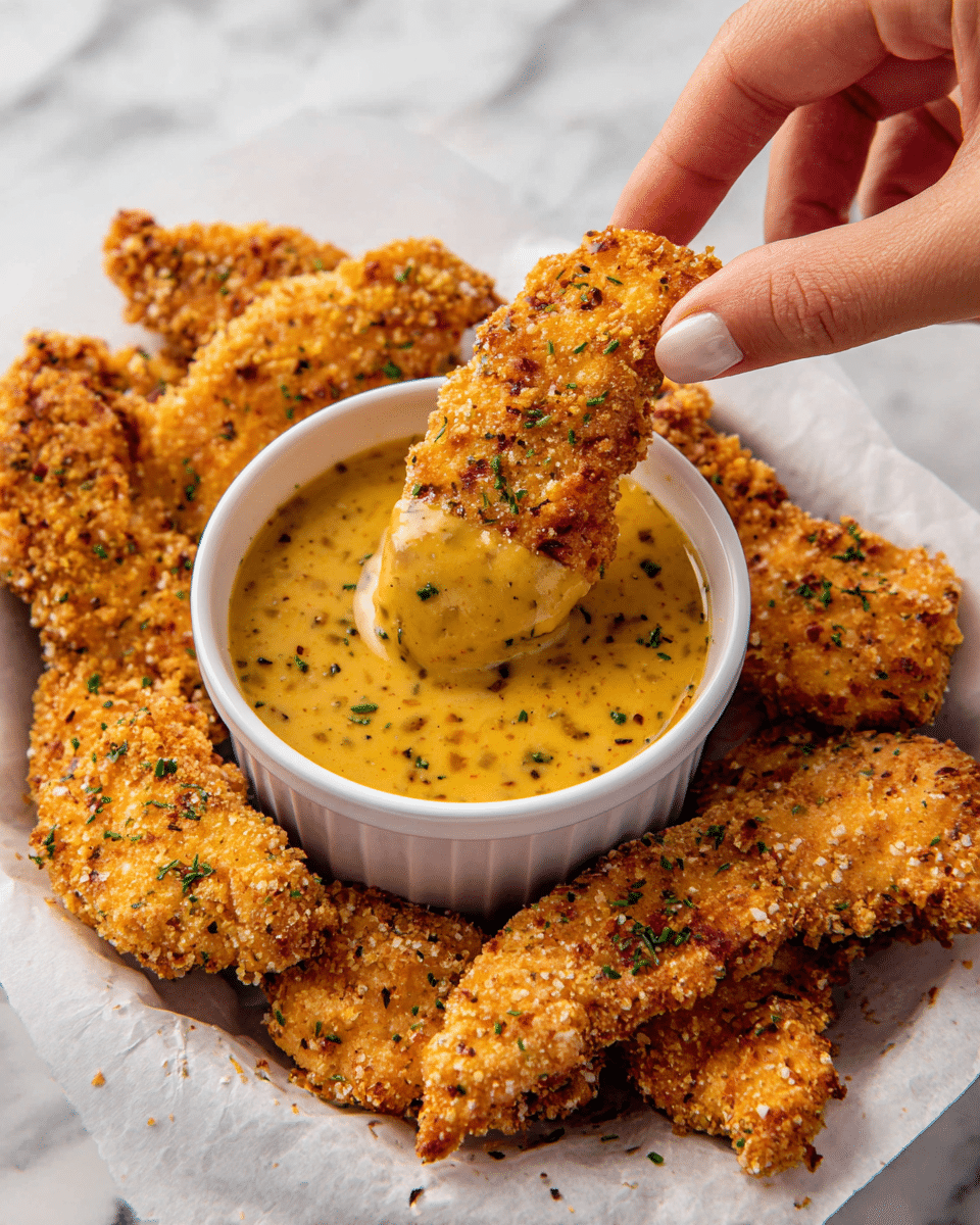 A white bowl filled with creamy mustard sauce with visible black specks sits in the center, surrounded by golden-brown fried chicken tenders on a white marbled surface covered with white parchment paper. The fried chicken tenders have a crispy texture with a crunchy coating, and some are sprinkled with small green herbs. A woman's hand is dipping one tender into the sauce, showing it partially covered with the sauce. The scene has a cozy and appetizing feel. photo taken with an iphone --ar 4:5 --v 7