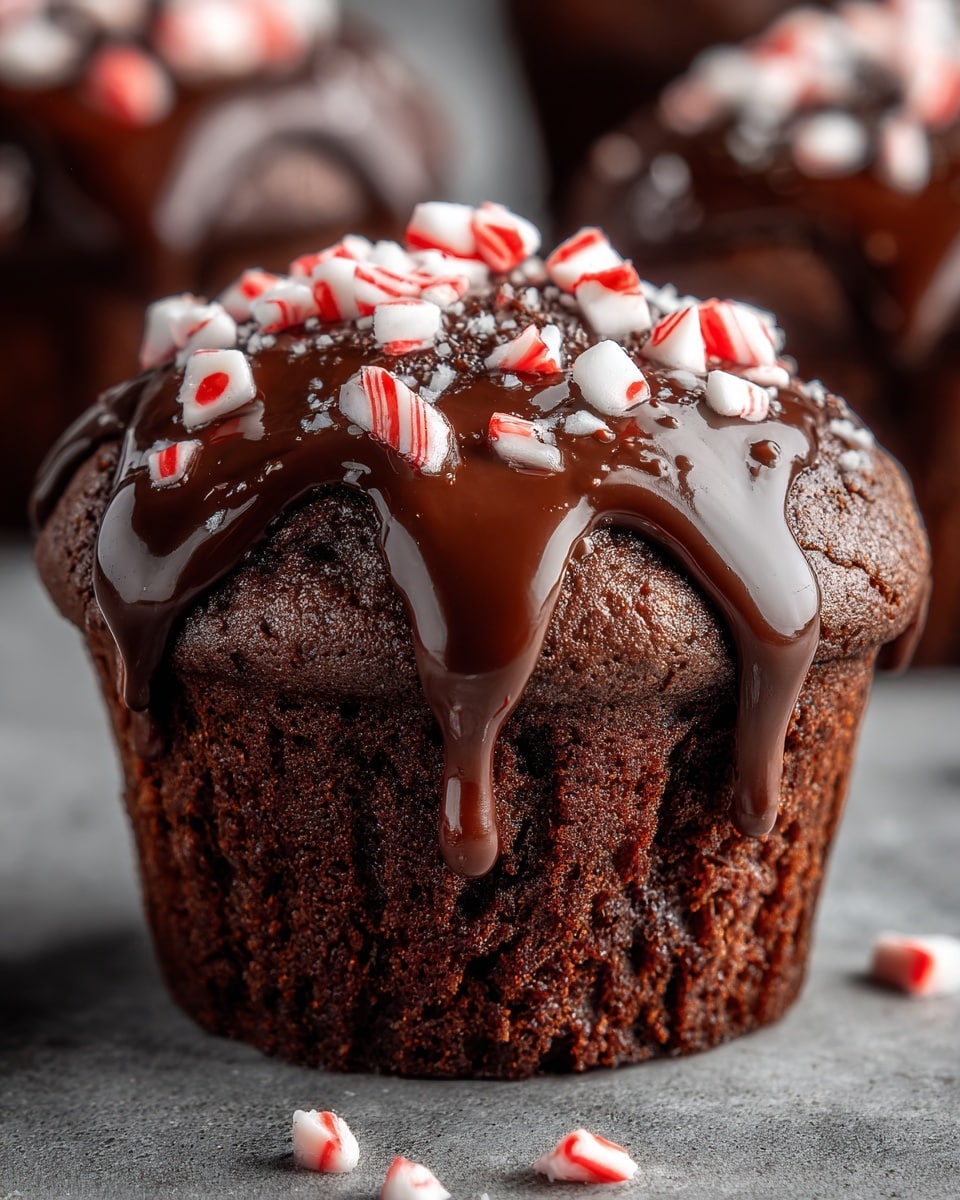 The image shows a rich chocolate muffin with a dark brown, moist, and slightly cracked top layer. The muffin is coated with smooth, shiny dark chocolate glaze that drips down the sides. On top of the chocolate glaze, there are small, irregular pieces of red and white peppermint candy scattered, adding a festive touch. The muffin is placed on a surface with a subtle gray texture, enhancing the deep colors of the chocolate and candy. photo taken with an iphone --ar 4:5 --v 7