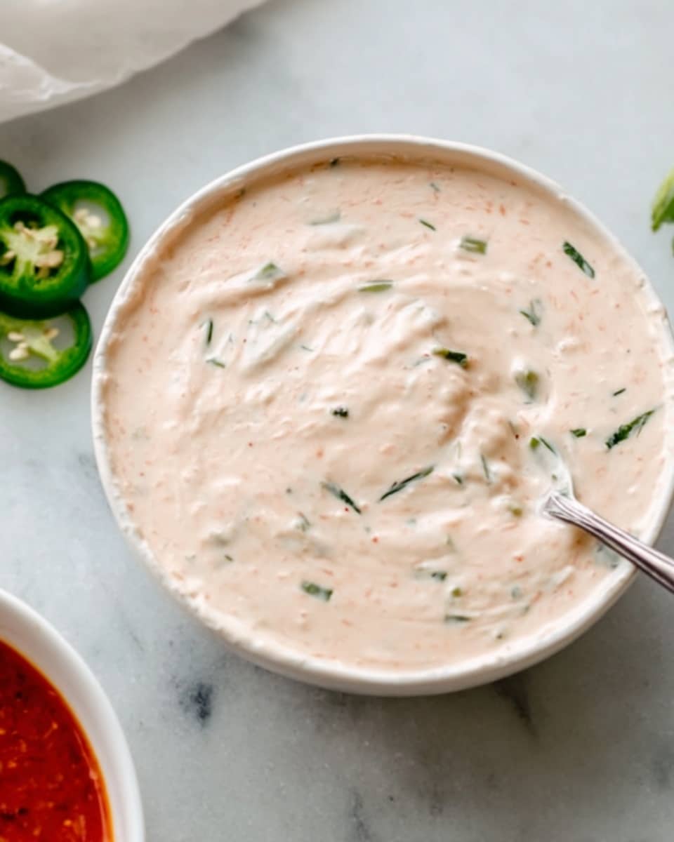 A close-up view of a white bowl filled with a creamy, pale pink sauce with small green herb pieces mixed throughout. A metal spoon rests inside the bowl on the right side, scooping some of the sauce. The bowl sits on a white marbled surface, with a few slices of green jalapeno peppers and part of a white bowl of reddish sauce visible on the left edge of the image. The texture of the sauce looks smooth with slight specks and swirls. photo taken with an iphone --ar 4:5 --v 7