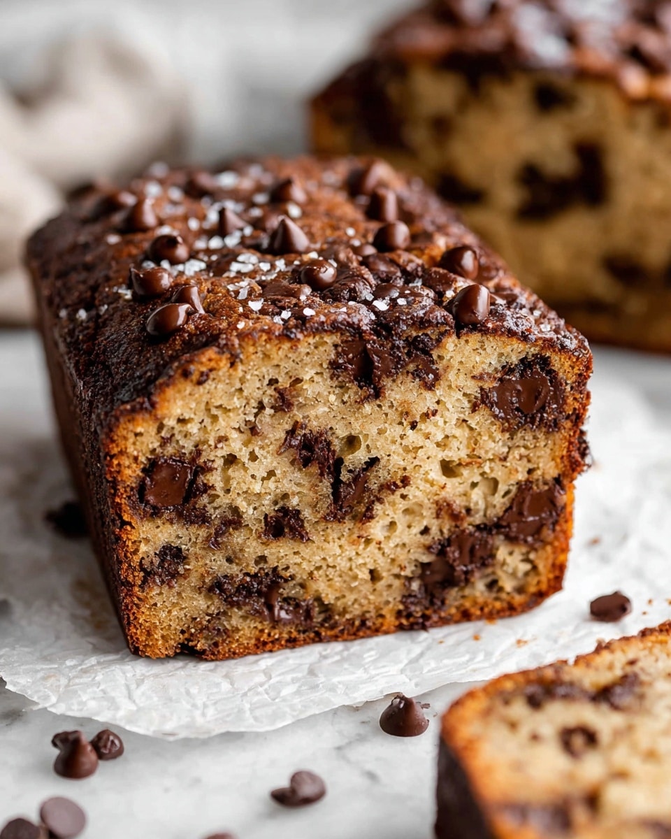 A close-up of a slice of chocolate chip banana bread showing one thick layer of golden-brown soft cake filled with many semi-melted dark chocolate chips spread evenly throughout. The top layer is darker brown with a slight crust and scattered chocolate chips with a light dusting of coarse salt. The banana bread sits on crumpled parchment paper on a white marbled surface, with some chocolate chips scattered around. A blurred slice of the same bread is in the foreground. photo taken with an iphone --ar 4:5 --v 7