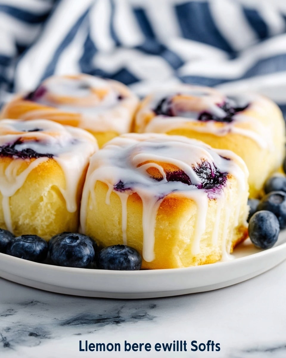 The image shows a close-up of soft lemon blueberry sweet rolls arranged closely together on a white plate. Each roll has a fluffy, light yellow dough base with a swirl of dark blue blueberries baked into the top layer. A glossy, white icing is drizzled over the top of the rolls, creating thin, flowing lines. Around the plate, fresh blueberries add a touch of dark blue contrast. The background features a white marbled surface and a soft, blurry cloth with navy and white stripes. photo taken with an iphone --ar 4:5 --v 7