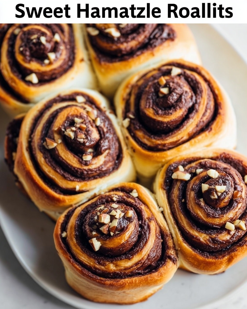 A close-up image of six sweet rolls arranged tightly in a white plate on a white marbled surface. Each roll has multiple visible layers, alternating between light brown, soft dough and a rich dark brown chocolate hazelnut filling, creating clear spiral patterns. The dough looks golden and slightly shiny, while the chocolate filling appears dense and smooth. Small pieces of chopped hazelnuts are sprinkled on top of some rolls, adding texture and contrast. The overall look is warm, fresh, and inviting. Photo taken with an iphone --ar 4:5 --v 7
