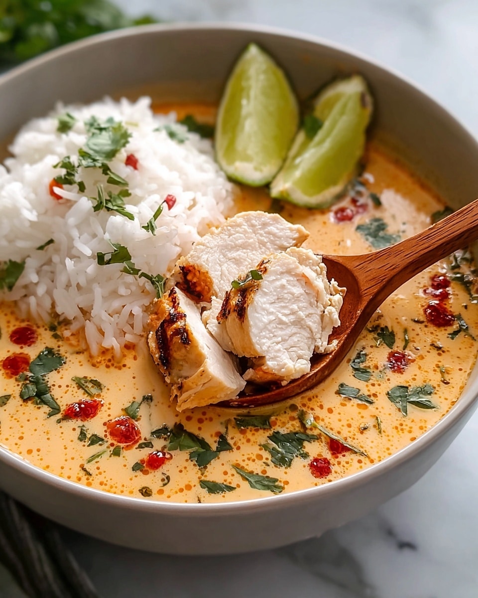 A white bowl on a white marbled surface holds a creamy light orange soup with pieces of chicken breast partially sliced, showing the white inside with a light brown outside. There are small green herb leaves scattered on top of the soup, along with some red sauce drops. On one side of the bowl, there is a serving of white rice with a few herb leaves on top. Two lime wedges rest near the rice. A wooden spoon is lifting a piece of chicken from the soup. Photo taken with an iphone --ar 4:5 --v 7