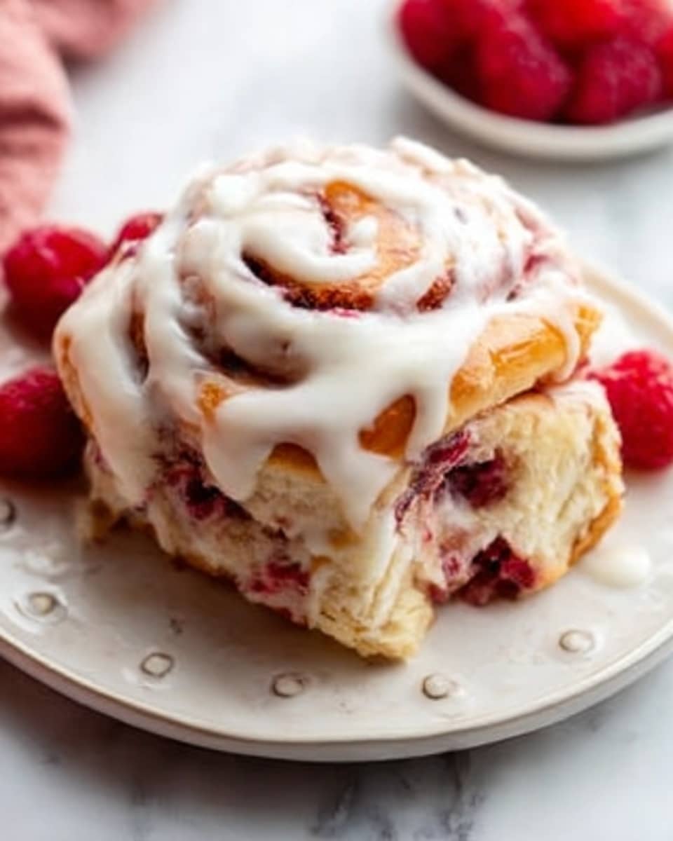 A single cinnamon roll topped with thick white icing that slightly drips down the sides, revealing hints of red raspberry pieces embedded within the swirl layers. The cinnamon roll itself has a golden brown color with visible soft, fluffy layers rising in a spiral. It is placed on a white plate with small, round indents around the edge. There are a few whole raspberries scattered around the cinnamon roll on a white marbled surface. A woman's hand is reaching towards the pastry from the upper left corner. Photo taken with an iphone --ar 4:5 --v 7