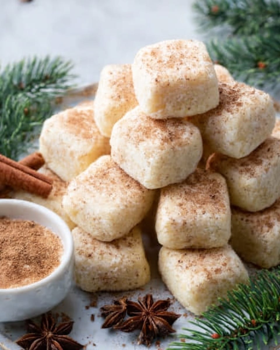 The image shows a pile of soft square cookies stacked closely together, each cookie having a light beige color with a dusting of fine cinnamon powder on top. A white plate holds the cookies, slightly visible under the edges, and the background has a white marbled texture. Around the plate, there are some small green pine-like branches and a few whole star anise spices scattered, adding a festive feel. The cookies have a slightly fluffy texture with a gentle golden hue at the edges. Photo taken with an iphone --ar 4:5 --v 7