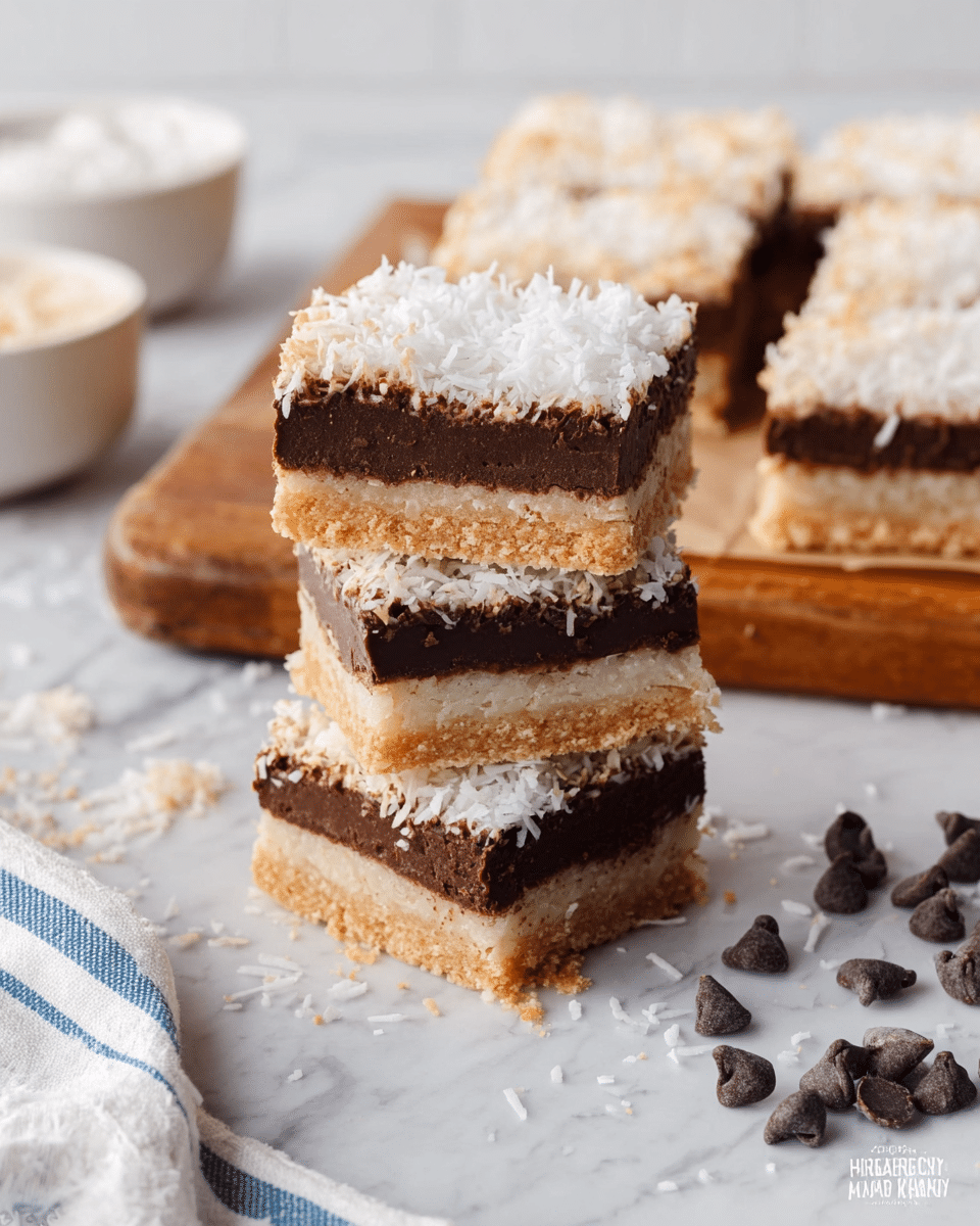 The image shows a stack of four dessert squares with three layers each, placed on a white marbled surface. The bottom layer is a light brown crunchy base, the middle layer is thick and dark brown chocolate, and the top layer is a fluffy, shredded white coconut topping. One square leans against the stack, showing the layers clearly, and more squares are arranged on a wooden board in the background. Around the stack are small dark chocolate chips and shredded coconut pieces scattered on the surface. A white bowl with a creamy substance and a white cloth with blue stripes are partly visible on the sides. Photo taken with an iphone --ar 4:5 --v 7