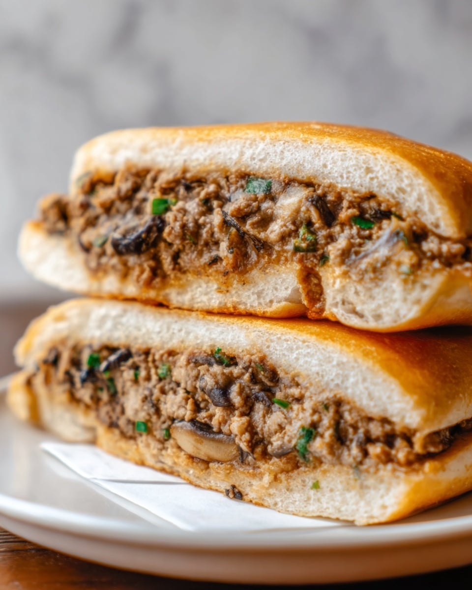 The image shows a close-up of a sandwich cut in half and stacked, revealing three layers inside. The bread is a soft, light golden brown with a fluffy texture. The filling consists of a thick layer of cooked ground meat mixed with small pieces of green herbs and dark brown mushrooms, giving it a slightly chunky and moist appearance. The sandwich rests on a white plate, and the background is a white marbled texture. Photo taken with an iphone --ar 4:5 --v 7