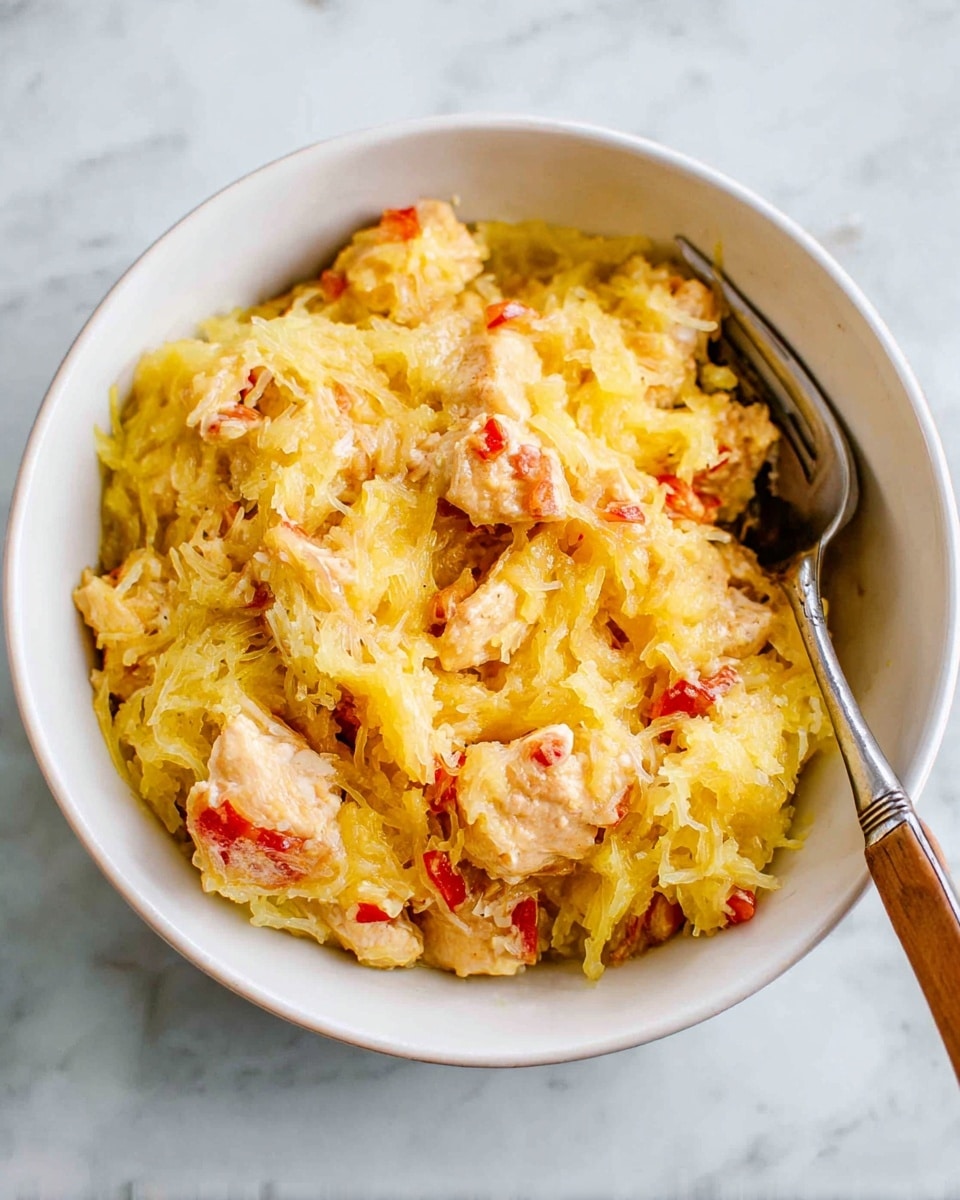 A white bowl filled with a mix of three layers: the bottom layer is light yellow shredded spaghetti squash, the middle layer contains chunks of light brown cooked chicken, and the top layer is creamy melted yellow shredded cheese with small pieces of red bell pepper scattered throughout. A silver fork with a wooden handle is placed inside the bowl on the right side, resting partially on the dish. The bowl sits on a white marbled surface. photo taken with an iphone --ar 4:5 --v 7