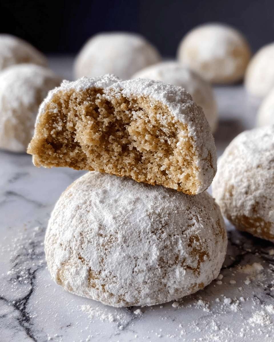 The image shows several round cookies dusted with white powdered sugar, arranged on a surface with a white marbled texture. One cookie is broken in half and placed on top of another whole cookie, revealing a soft and crumbly inside with a light brown color and rough texture. The cookies have a slightly cracked surface under the powdered sugar, giving a homemade look. In the background, some whole cookies and an empty spice shell are slightly blurred. photo taken with an iphone --ar 4:5 --v 7