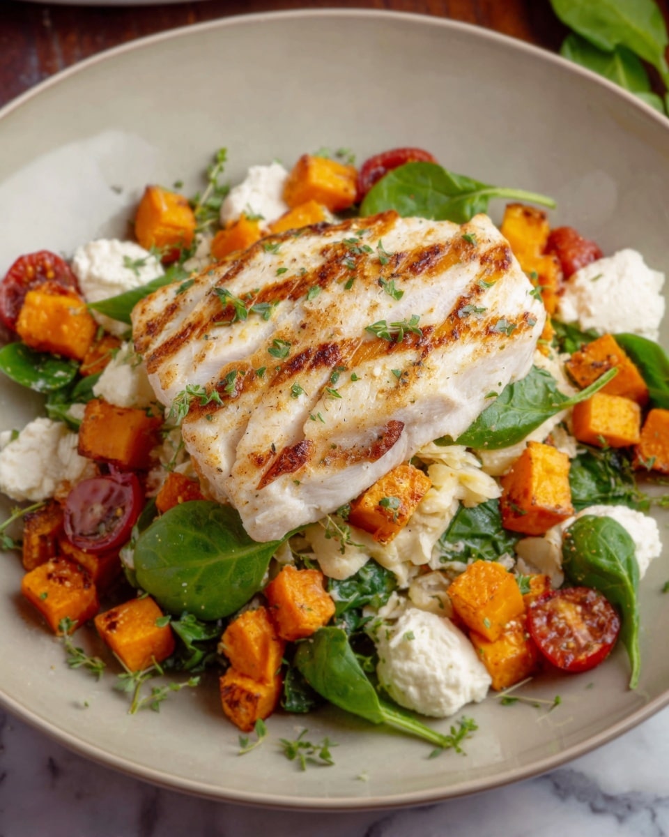 The dish is served on a white plate, featuring a layered salad topped with a large piece of grilled white fish with light brown grill marks. Below the fish, there is a mix of roasted orange sweet potato cubes and halved red cherry tomatoes scattered throughout a bed of light green spinach leaves. White dollops of creamy cheese are placed around the vegetables, adding contrast. The entire dish is sprinkled with small green herbs, enhancing its fresh look. The plate sits on a white marbled surface. Photo taken with an iphone --ar 4:5 --v 7