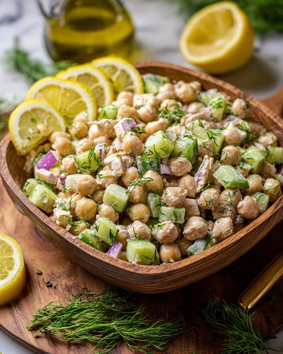 A wooden square bowl filled with a mixed chickpea salad in close-up view, featuring creamy beige chickpeas, light green cucumber cubes, and small pieces of pale pink chicken, all coated in a light white dressing. There are scattered bits of bright green fresh dill and small pieces of purple onion throughout. On one side of the bowl, three thin, pale yellow lemon slices are placed, adding a fresh touch. The bowl rests on a wooden table with sprigs of dill nearby and a glass of olive oil blurred in the background, all set on a white marbled surface. Photo taken with an iphone --ar 4:5 --v 7