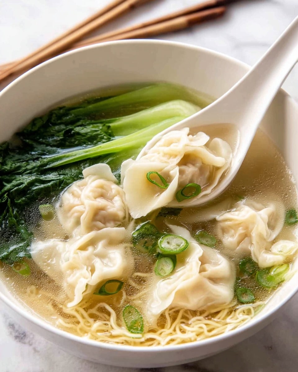 A white bowl filled with clear broth containing three light beige dumplings floating near the top, each dumpling showing soft, detailed folds and some green scallion slices on top; bright green leafy vegetables with visible veins sit on the left side, partially submerged; thin, light yellow noodles are gathered at the bottom layer; green scallion pieces float on the broth surface; a white ceramic soup spoon scoops one dumpling, resting in the bowl near the top center; the bowl is placed on a white marbled surface with wooden chopsticks in the background photo taken with an iphone --ar 4:5 --v 7