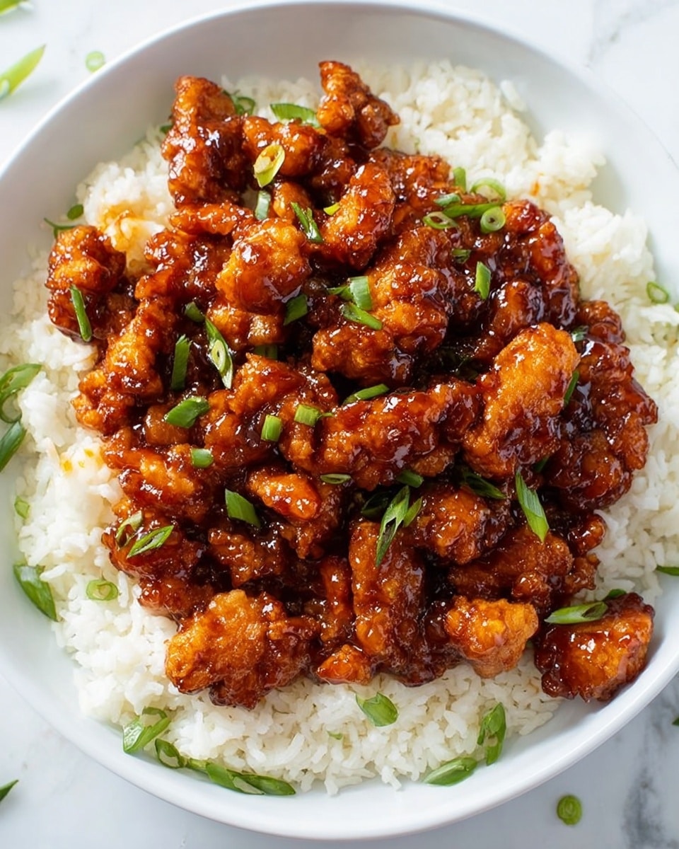 The dish shows a white plate filled with a base layer of fluffy white rice that looks soft and slightly sticky. On top, there is a thick layer of glazed, crispy chicken pieces coated in a shiny, dark reddish-brown sauce. The chicken pieces are uneven in shape, giving a textured and crunchy appearance. The dish is garnished with small, fresh chopped green onions scattered lightly over the chicken and rice. The plate is set against a white marbled surface. photo taken with an iphone --ar 4:5 --v 7