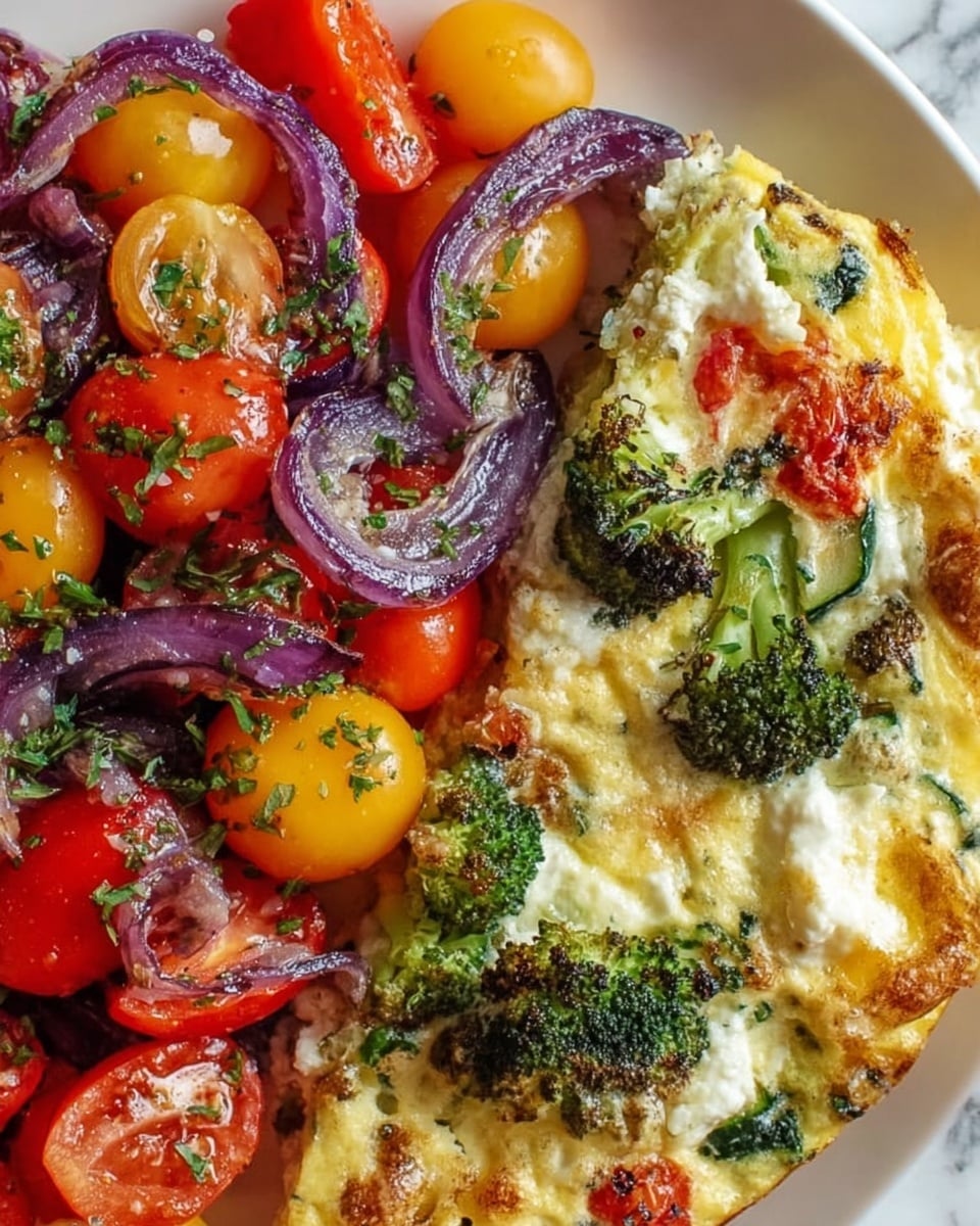 A close-up view of a dish showing two main sections side by side on a white plate, placed on a white marbled surface. On the left side, there is a colorful salad with bright yellow and red cherry tomatoes, some sliced in half, mixed with glossy, cooked purple onion slices arranged loosely with a sprinkle of fresh green herbs. On the right side, there is a baked vegetable frittata with visible layers of soft white cheese that is slightly browned on top, green broccoli florets, small red tomato pieces, and thin zucchini slices, all combined in a fluffy, golden-textured base. The image captures a vibrant contrast between fresh, colorful vegetables and creamy, cooked cheese. Photo taken with an iphone --ar 4:5 --v 7