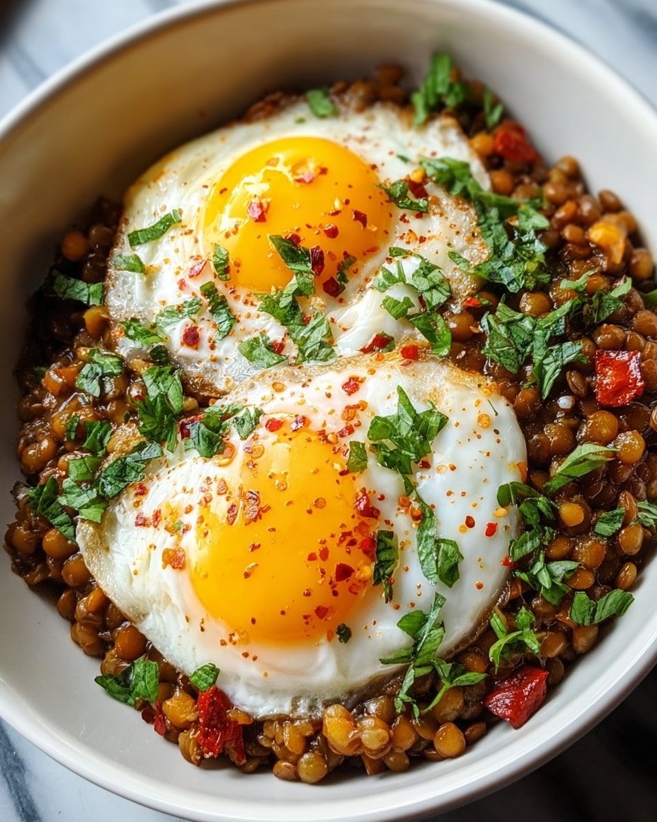 The dish shows a white bowl filled with a base layer of cooked lentils mixed with small pieces of cooked red bell pepper, giving a brown and red textured background. On top, there are two sunny-side-up eggs with bright yellow yolks and slightly crispy white edges. The eggs are sprinkled with chopped fresh green herbs and a light dusting of red chili flakes, adding color and contrast. The lentils look soft and slightly glossy while the eggs appear freshly cooked with a tender texture. The bowl sits on a white marbled surface. photo taken with an iphone --ar 4:5 --v 7