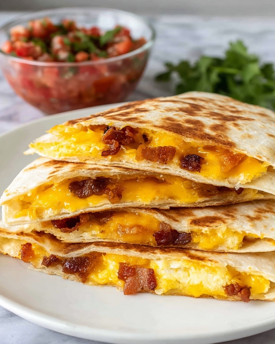 A stack of three quesadilla halves is placed on a white plate, each quesadilla showing three visible layers: a golden-brown toasted tortilla on the outside, a vibrant yellow melted cheese layer in the middle, and small pieces of browned crispy bacon inside. The quesadillas look soft but slightly crisp on the edges. In the background, a glass bowl filled with chunky bright red salsa topped with fresh green cilantro sits on a white marbled surface. Photo taken with an iphone --ar 4:5 --v 7