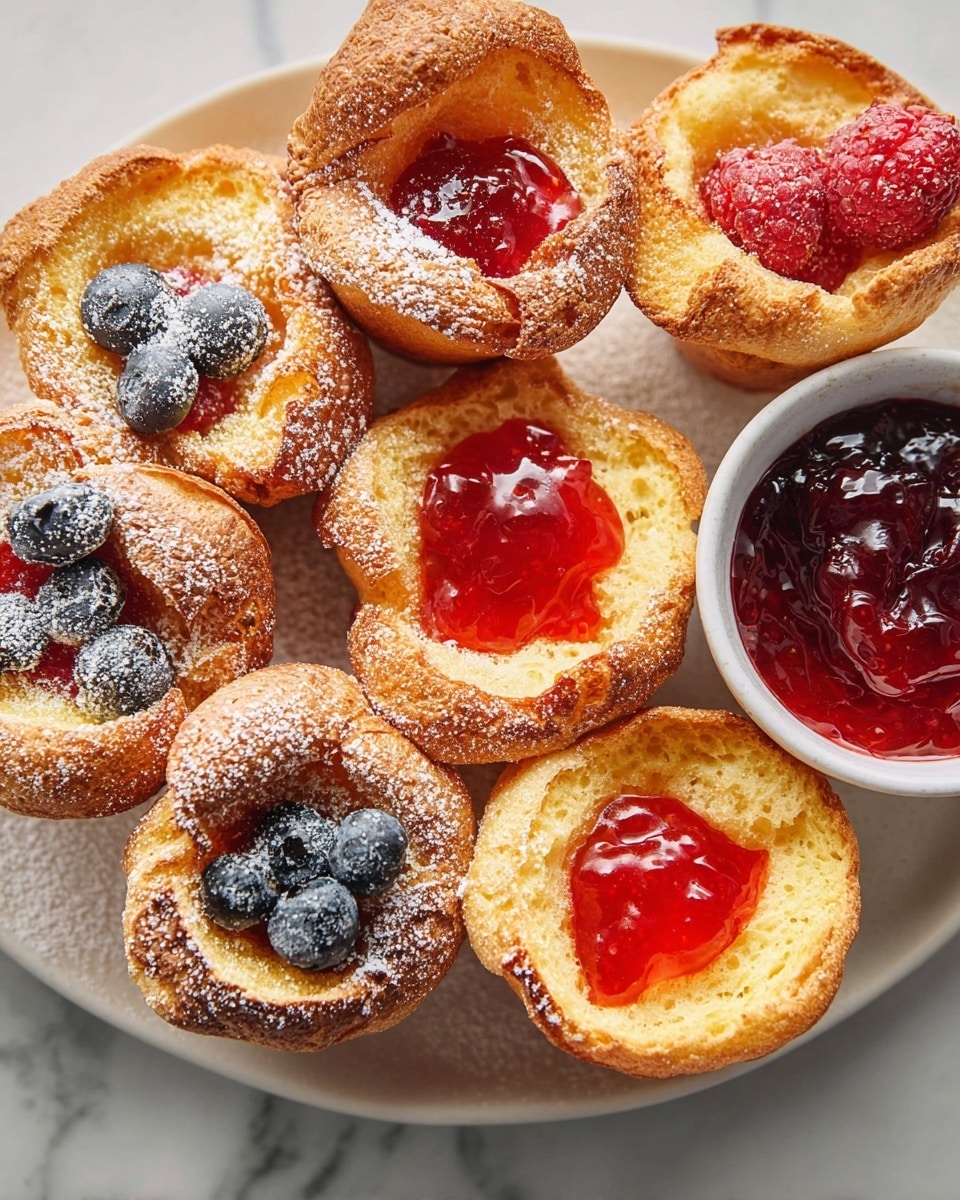 The image shows several small golden brown popovers with a light, airy texture and slightly crisp edges arranged closely together on a white marbled surface. Some popovers are topped with bright red jam in the center, adding a glossy, smooth layer on top of the baked pastry, while others are topped with powdered sugar and fresh berries, including dark blue blueberries and a few raspberries, dusted lightly with powdered sugar. A small white bowl filled with more red jam is on the right side of the image. The overall look is warm and inviting with a mix of soft and crispy textures. photo taken with an iphone --ar 4:5 --v 7