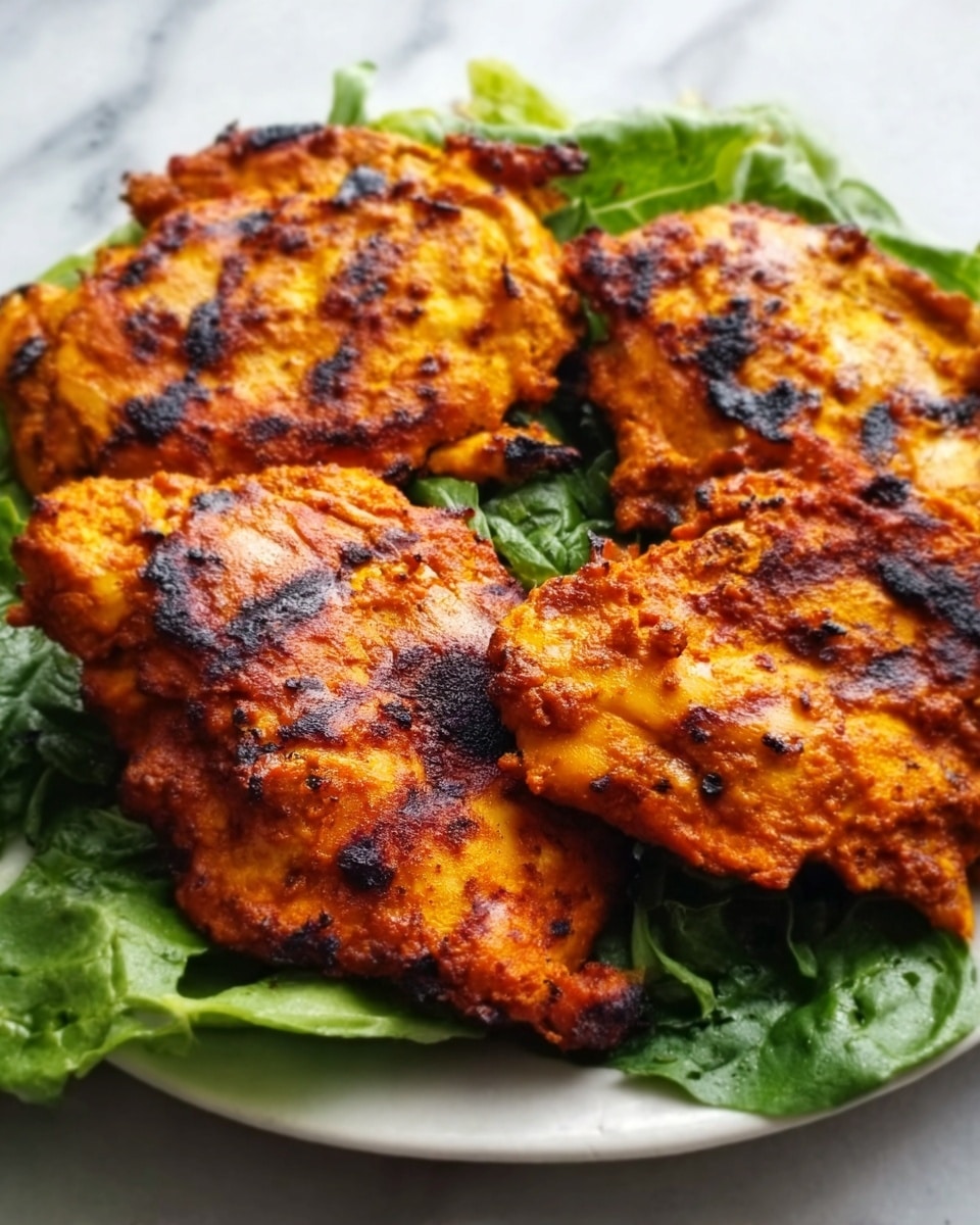 The image shows three pieces of grilled chicken with a rich orange and slightly charred color, indicating a spicy marinade or coating, laid out on a bed of fresh green leafy vegetables on a white plate. The chicken pieces have a rough texture with visible grill marks and darker burnt spots that add contrast. The greens beneath provide a vibrant, crisp background that enhances the warm tones of the chicken. The plate is set on a white marbled surface, adding a clean and elegant look to the presentation. Photo taken with an iphone --ar 4:5 --v 7