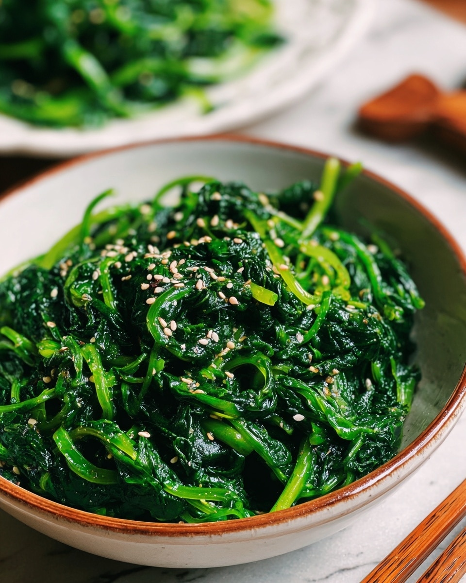 A close-up view of a white bowl filled with cooked green spinach leaves that look soft and glossy, mixed with tiny white sesame seeds scattered on top, the spinach stems are visible and bright green, the bowl is placed on a white marbled surface with a blurred view of another white plate holding similar green vegetables in the background, a wooden chopstick resting near the bowl adds a touch of natural texture photo taken with an iphone --ar 4:5 --v 7